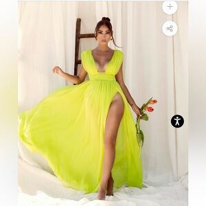 Miss Circle Lime Chiffon Pleated High Slit Maxi Dress